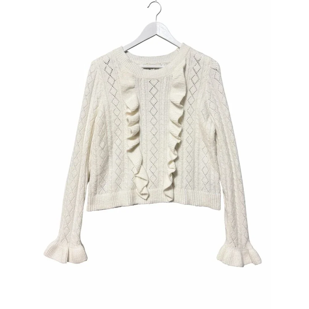 Francesca's Lorain Ruffled Pointelle Sweater Size Large Ivory Cozy Flounce Cuff